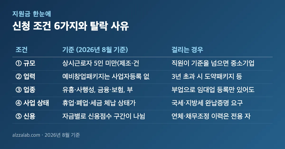정부지원사업 지원 조건 6가지｜업력·제외 업종·선착순 폐지 신청 조건 6가지와 탈락 사유 정리 표